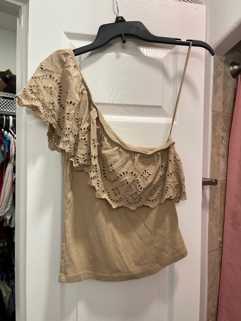 Old Navy One-Shoulder Eyelet Ruffle Top - Beige
